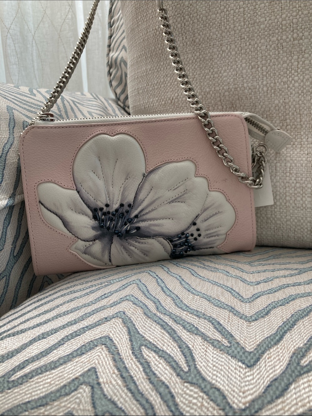 Brighton Crossbody Clutch Pink and White Leather Appliqué Floral Beaded Details